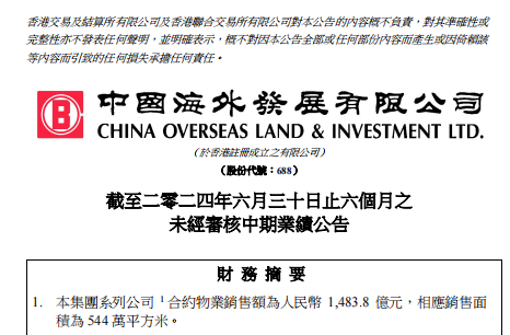 中海地产上半年收入869.4亿元，商业物业收入同比上升19.8%